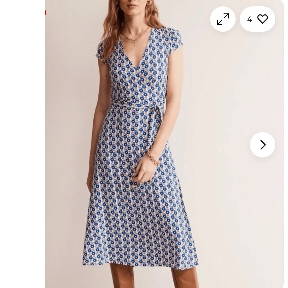 Boden Joanna Blue White Floral Wrap Midi Dress Cap Sleeve US 16-18R D0928